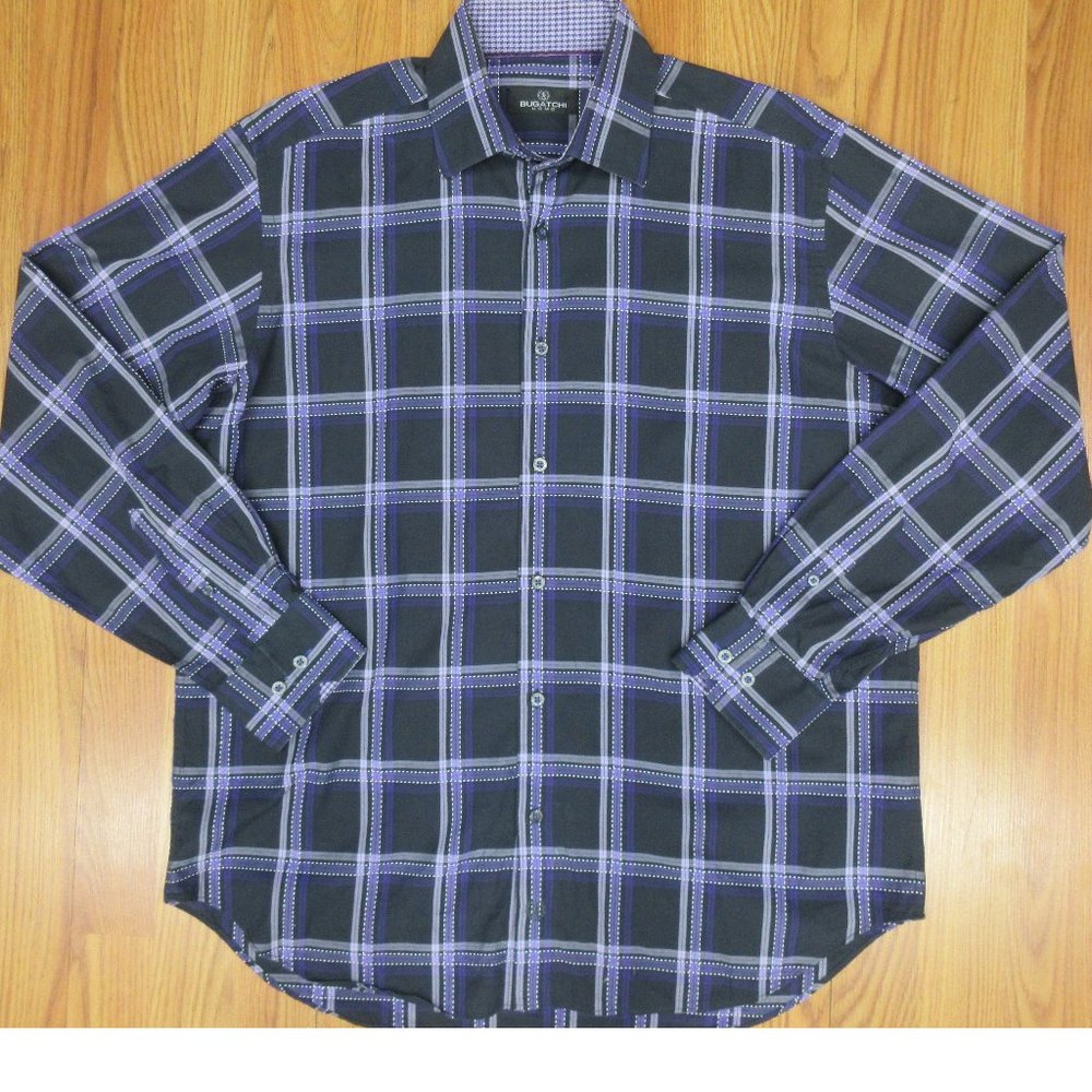 BUGATCHI REGULAR FIT 100% COTTON SHIRT GRAY, PURPLE & WHITE Sz LARGE, L